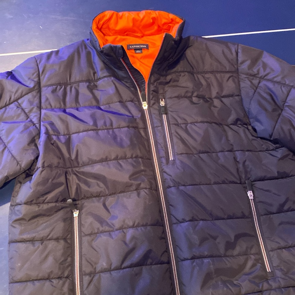 Men’s Navy and Orange Lands End PrimaLoft Winter Jacket — Size L
